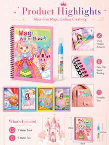 Refillable Water Pen Magic Water Painting Book, Reusable Princess Dream Theme Coloring Book, Paper And Plastic Material, Spiral Binding, Clean Drawing Activity Toy For Kids, Suitable For Travel, Birthday, Holiday Gifts - Multicolor - View 7