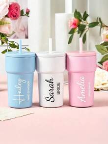 Vaso térmico de acero inoxidable personalizado, taza de viaje con nombre personalizado, regalo de dama de honor taza de café, regalo personalizado, vaso térmico con pajita, taza de viaje personalizada, vaso térmico, regalo de dama de honor, vaso térmico con tapa, invitación de dama de honor, despedida de soltera, taza de café - Multicolor - Ver 4