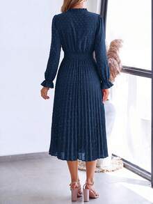 PRETTYGARDEN Women's Spring Fall Midi Dress Casual Long Sleeve V Neck Swiss Dot Pleated A Line Flowy Dresses New Years Party Valentine Vacation Dresses For Women - 深藍色 - 查看 2