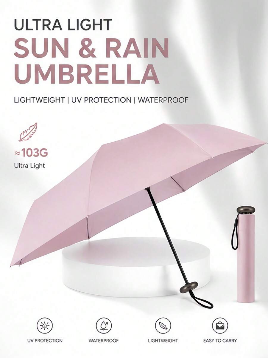 1Pc Super Light Ultra Slim Mini 3-Fold Umbrella With Cover, 5-Rib Thick Black Coating Sun & Rain Parasol, UV Protection Portable For Travel Beach Bedroom Decor, Summer Must-Have, Bridesmaid Birthday Back To School Gift, Pink Green Blue White Black
