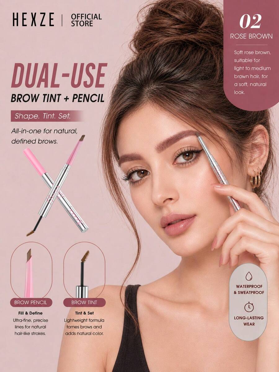 HEXZE 2-In-1 Brow Pencil + Brow Mascara Waterproof Long Lasting Natural Fluffy Brows - Rose Brown - View 1