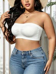 3-Piece Solid Color Strapless Anti-Exposure Bandeau Bra, Wire-Free, Solid Color Ribbed Plus Size Women's Bandeau Bra - Multicolor - View 4