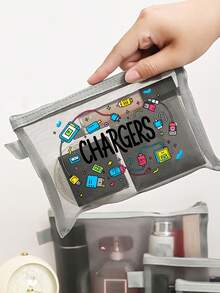 網格拉鍊收納袋 - "Charger"字母圖案，文具收納袋，附"Charger"字母圖案，數位收納袋，化妝袋，護膚袋，旅行盥洗用品袋必備，宿舍用品，婚禮新娘禮物生日禮物，朋友和，口紅化妝收納袋，度假旅行必備，教師節禮物，夏季戶外收納使用，返校季禮物 - 彩色 - 查看 5
