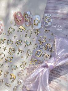 1片Y2K 3D液態金屬美甲貼紙，金銀色融化愛心星渦旋美甲貼，賽博龐克美甲DIY裝飾貼紙 - 金色 - 查看 3
