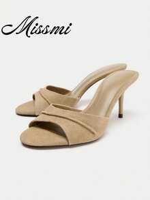 2026 Spring/Summer New Women's Shoes, Mule Style Mid/Low Heel Sandals - Khaki - View 1