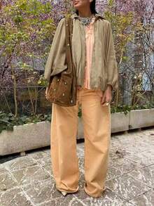 女士时尚羽绒飞行员夹克休闲薄款外套衬衫式上衣，适合返校、教师装扮和外出穿着，秋季新品 - 卡其色 - 查看 8