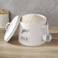 Vintage White Metal Rice Bucket With Lid And Measuring Spoon, Large Airtight Grain Storage Container, Moisture-Proof, Suitable For Kitchen Countertop, 5/10KG Capacity, Ideal For Storing Rice, Flour, Oats And Dry Goods - White - View 4