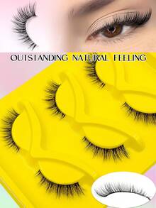 Asiteo 3 Pairs Cat Eye Transparent Stem 3/4 Segment False Eyelashes, Natural Fluffy Short Lash Extensions, Suitable For Daily Makeup, Commuter Makeup, Beginner Friendly - Black - View 4