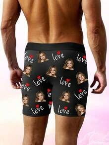 1pc Customized "I Love My Wife" Men's Boxer Briefs, Personalized Wife Photo Underwear, Romantic Gift For Husband, Heart Design, 9 Sizes - Black - View 2