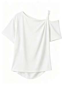 Casual Twist Shoulder Short Sleeve T-Shirt, Fitted Retro Style Slim Top For Women, Summer White - White - View 9
