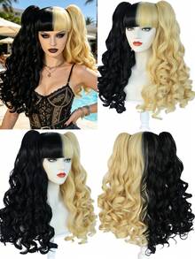 Multi-Color Y2K & K-POP Style Pigtail Long Wavy Heat Resistant Wig, With Bangs, Detachable Design, Ideal For Lolita Outfits, Cosplay, Themed Parties & Halloween, Voluminous Smooth Easy-Wear Full Head Wig - Multicolor - View 7