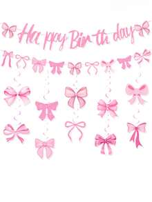 Chic Pink Bow Birthday Banner And Spiral Decorations - Classic Paper Hanging Ornaments For Party Celebrations, English Text, Birthday Party Decorations Pink Bow Birthday Banner Celebration Decor - Multicolor - View 9