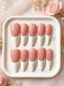nailrosy 10Pcs Handmade Press On Nails Almond White Pink French Acrylic Beach Essentials Nail Supplies Stickers 3D Floral Manicure Y2K Cute Suitable For Girls And Women Wedding Birthday Party Summer 4th Of July Wedding Graduation Prom - 粉色 - 查看 2
