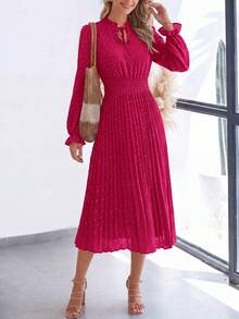 PRETTYGARDEN Women's Spring Fall Midi Dress Casual Long Sleeve V Neck Swiss Dot Pleated A Line Flowy Dresses New Years Party Valentine Vacation Dresses For Women - 玫紅色 - 查看 3