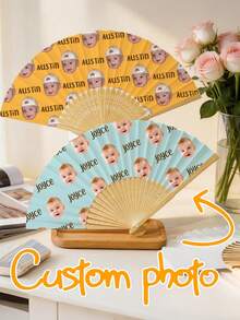 Personalized Photo Handheld Fan, Bamboo Wood Custom Folding Fan, Suitable For Weddings, Dance Events, Parties, Decorative Gift - Multicolor - View 1