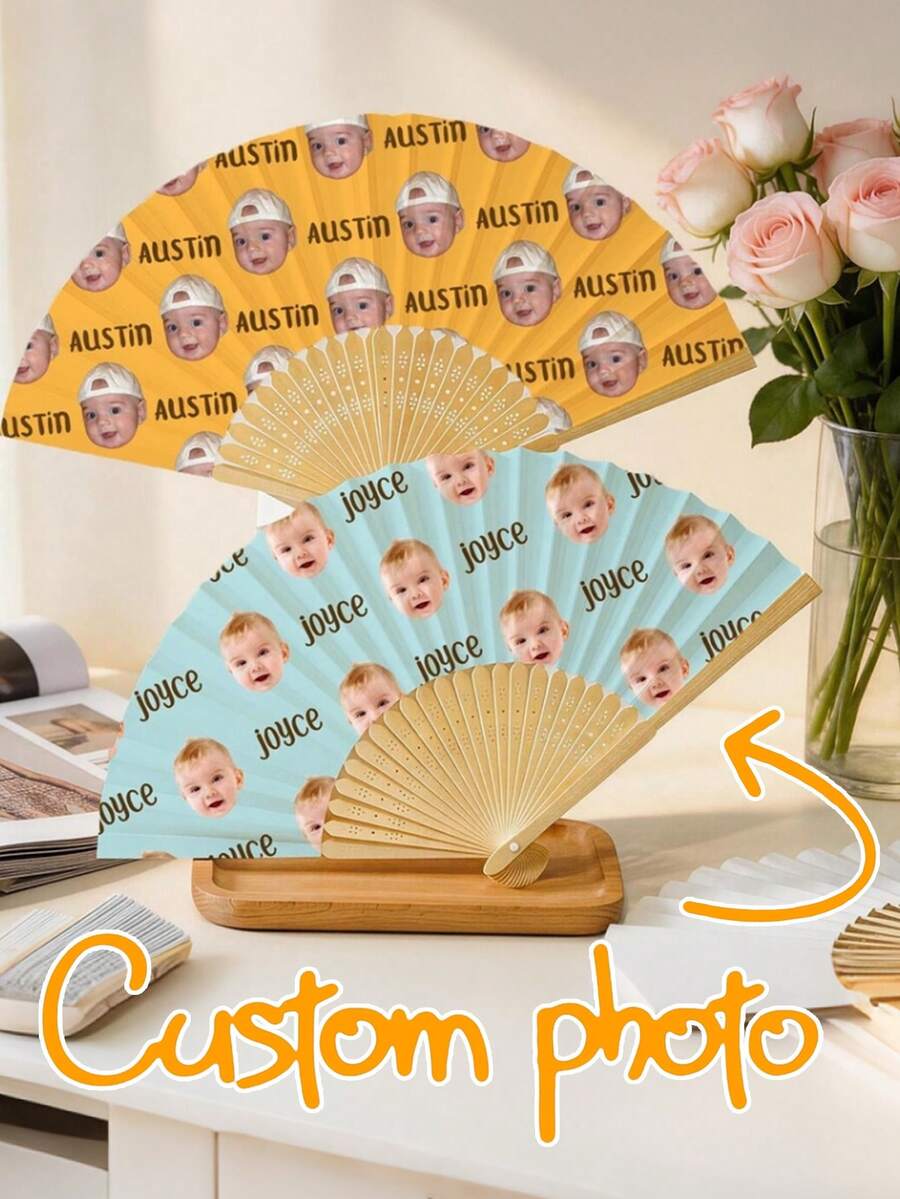 Personalized Photo Handheld Fan, Bamboo Wood Custom Folding Fan, Suitable For Weddings, Dance Events, Parties, Decorative Gift - Multicolor - View 1