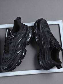 Men's 2026 Newest All Black Thick Sole Chunky Sneakers, Height Increasing Shock Absorbing Breathable Mesh Sports Shoes, Streetwear Versatile Men's Shoes, Leather PU Mesh Splicing Marathon Running Shoes, Men's Plus Size 46 Shoes, Youth Handsome Men's Shoes - Black - View 9