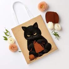 1pc Cute Animal Illustration Realistic Tote Bag, Cat Knit Comfortable Soft Detail Design Reusable Shopping Bag, Multifunctional Double-Sided Print Handbag, Casual Style, Perfect For Book Lovers - Multicolor - View 5
