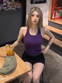 Yorily 女款休閒日常通勤極簡純色修身掛脖上衣，夏季，美學風格 - 紫色 - 查看 8