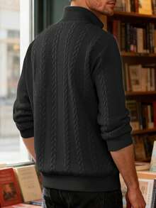 Mercer Haus Men's Old Money Aesthetic Solid Quarter Zip Polo Collar Cable Knit Sweater - Black - View 4