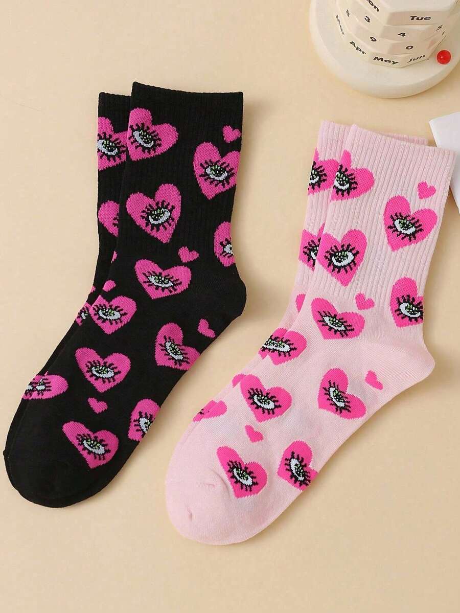 2 Pairs Women's Fashion Eye And Heart Pattern Mid-Calf Socks, Holiday - Multicolor - View 1