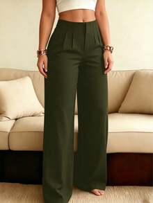 HOMEYEE Plus Size Women's Solid Color Casual Versatile Wide Leg Pants For Daily Wear - Army Green - View 10