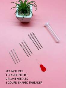 [9pcs/Set]Large Hole Tip Sewing Needles, Includes 5.2-7cm 3 Sizes Metal Needles, Matching Threader And Storage Tube, Suitable For Yarn Sewing, Tapestry Stitching And Other Handicraft Sewing Needs - Needle Set - View 1