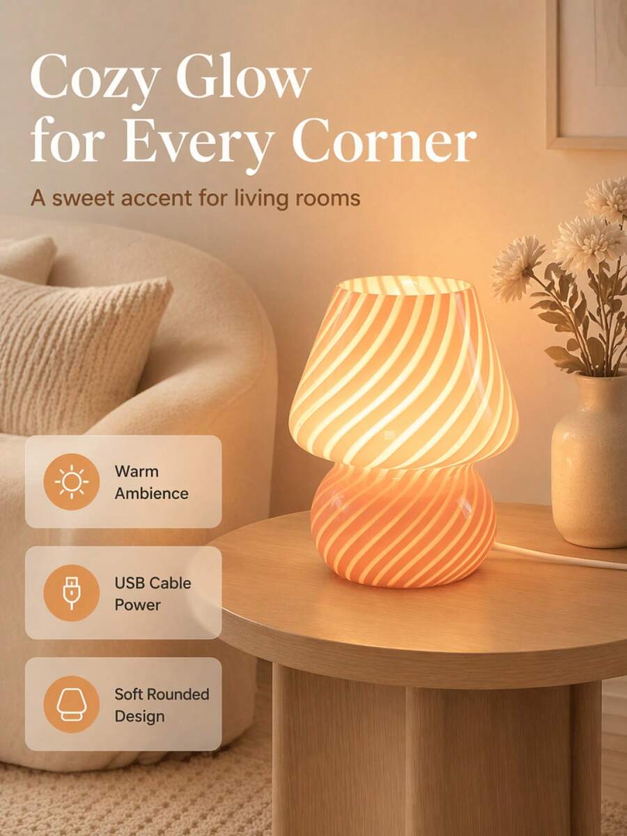 Amber Glass Mushroom USB Desk Lamp, Warm Glare-Free LED Bedside Atmosphere Light, Portable Bedroom Desk Home Decor Lamp - one-size - View 1
