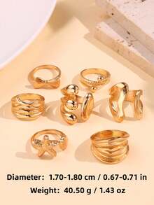 Juego de 7 piezas de anillos de diseño exquisito, de moda, vintage, único y versátil con motivos de concha, lazo y geométricos, joyería para mujer para uso diario, vacaciones, fiestas y regalo - Multicolor - Ver 7