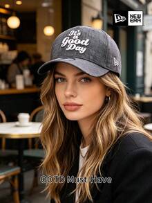 New Era "It's A Good Day" 灰色亞麻棒球帽，休閒平頂帽，日常街頭穿搭頭飾 - 深灰色 - 查看 3