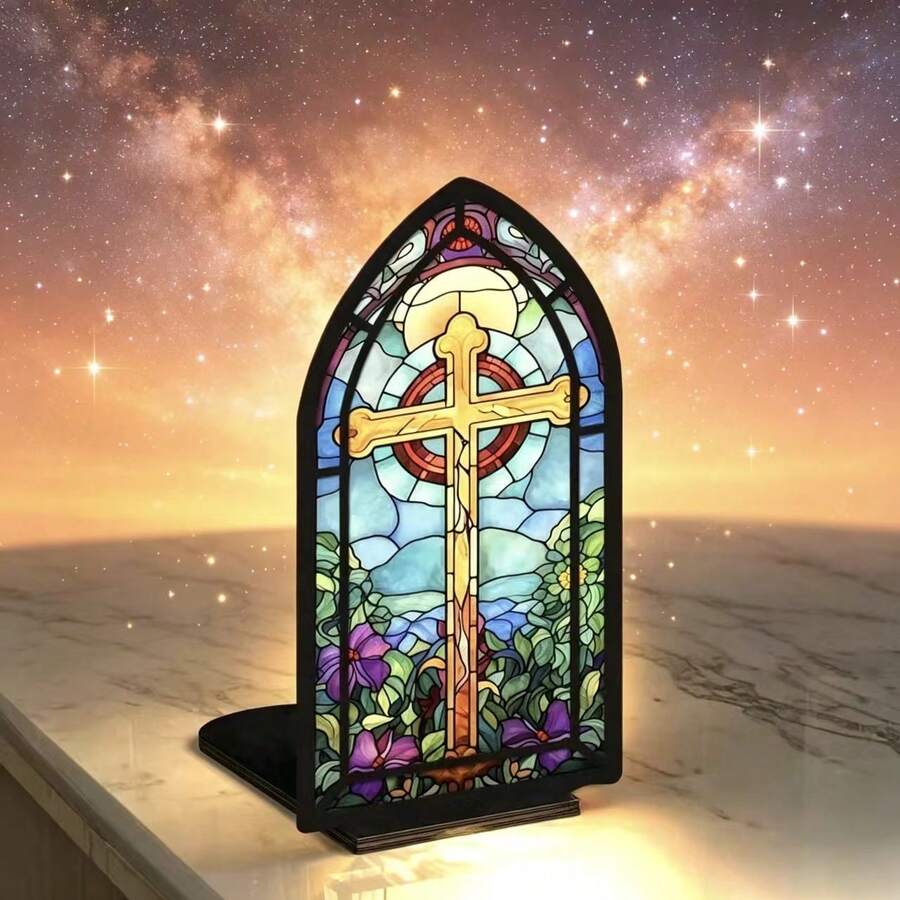 Christian Gothic Vintage 2D Acrylic Tabletop Ornament,Pointed Cathedral Arch Frame,Faux Stained Glass Golden Cross Purple Floral Sky Art Desk Decor,Bookshelf Display Gift For Catholic Believers & Faith Home Decor Lovers - 1PC - View 1