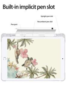 1pc Cute Coconut Tree Turtle Flower Pattern Painted Silicone Anti-Drop Tablet Protective Case With Pen Slot, Supports Sleep/Wake, Compatible With Xiaomi, - Multicolor - View 5