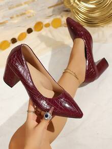 Pointed Toe Women's Pumps Chunky Heel High Heels Low Vamp Minimalist Work Shoes Evening Shoes - Burgundy - View 5