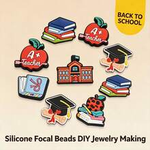 13/24 Stücke/Set Abschluss Silikon Perlen - Buch, Kappe, Schul-Fokus Mix + Abstandshalter Perlen, DIY Schmuck Handwerk für Stift, Schlüsselanhänger, Ausweisband, Unisex Geschenk - Silikon-Fokusperlen - Übersicht 3