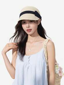 1件女款夏季蕾絲蝴蝶結草帽，優雅甜美風格，寬簷遮陽帽，適合海灘度假，夏季防曬帽，單件女款時尚草帽，中性款素色帽，戶外旅行用品，彩虹條紋草編水桶帽，透氣顯臉小，海灘時尚草帽禮物，適合日常穿搭 - B - 查看 2
