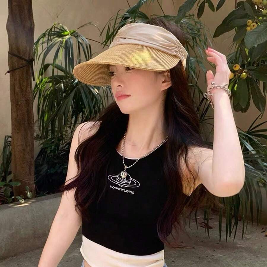1pc Women's Summer Outdoor Open Top Wide Brim Sun Hat/Beach Open Top Woven Straw Hat - Portable Foldable Headband Style Baseball Cap Casual Sweet Sports Style - Sun Hat Suitable For Daily Outings And Beach Vacations - Women's Summer Sun Protection Hat Sun Hat Sun Hat Headband Style Baseball Cap - A - View 1