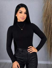 Women's Ribbed Turtleneck Long Sleeve Blouse For Winter - Negro - Ver 1
