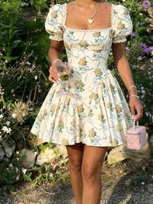 Summer French Riviera Collegiate Style Pleated Princess Dress, Garden Oil Painting Digital Print Mini Dress - Multicolor - View 10