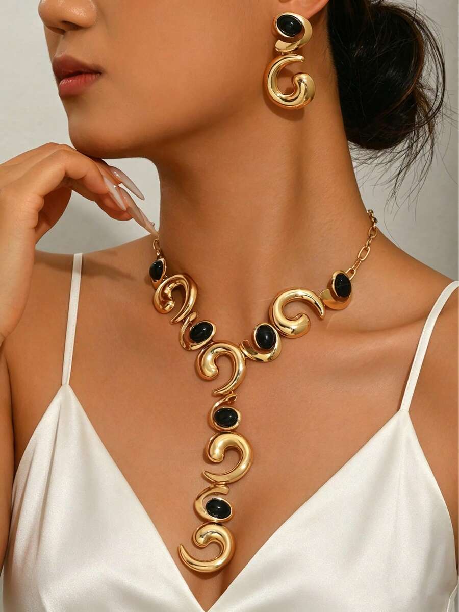 1 Set Exaggerated Geometric Spiral Metal Black Acrylic Y-Shaped Necklace And Earrings Set, Minimalist Style Women's Party Versatile Jewelry - Multicolor - View 1