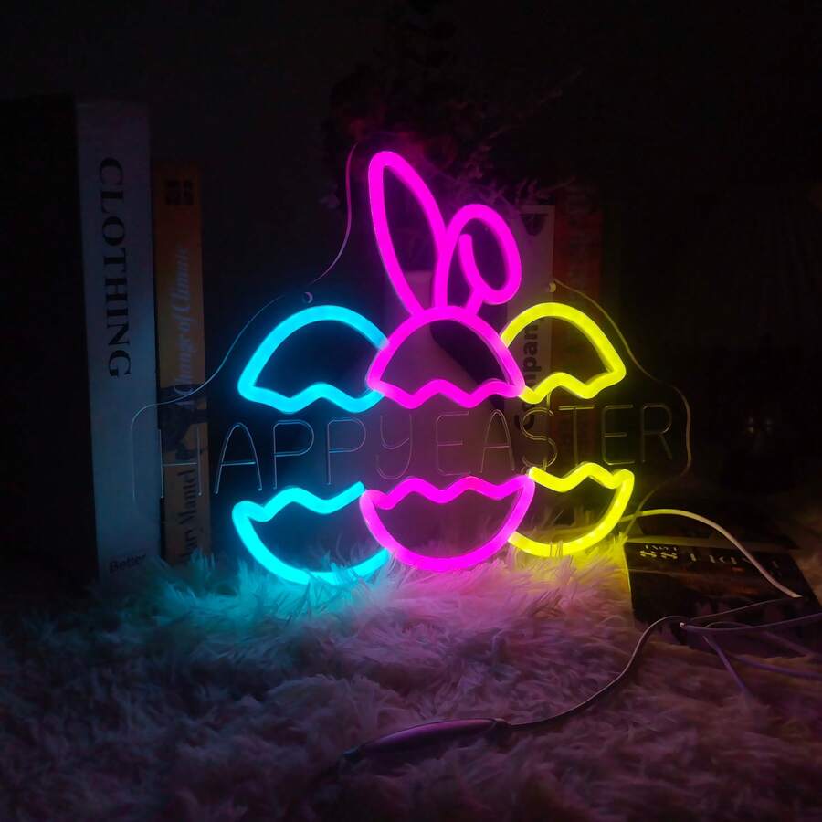 1個復活節兔子與蛋霓虹燈牌，USB供電LED霓虹燈，鮮豔多彩光芒，可調光燈，適用於復活節派對、居家、臥室、家庭與春季節日裝飾，理想的節日禮物 - 多色光 - 查看 1