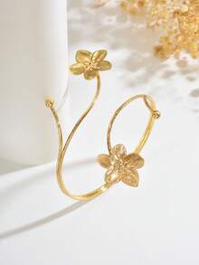 1pc Fashionable Personalized Double Texture Open Arm Cuff, Minimalist Patterned 3D Floral Geometric Open Adjustable Arm Decor, Suitable For Music Festivals, Proms And Parties - Gold - View 5