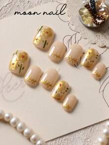 10pcs Press On Nails Yellow Flower Green Leaf Nails Press On Nail Supplies Short Nails Fake Nails Artificial Nails Kit Includes 1sheet Adhesive Tabs &1 Pc Mini File - Multicolor - View 2
