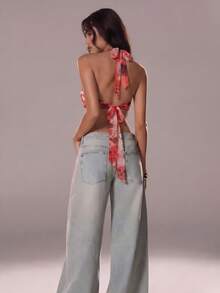 Atasan Wanita Tanpa Lengan dengan Leher Halter, Rumbai, Gesper Logam, dan Motif Cetak, Atasan Tank Tanpa Lengan Leher Halter Warna Merah untuk Musim Panas - Merah - View 5