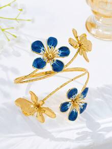 1 pieza Brazalete de puño abierto con flor de esmalte goteante exagerado vintage elegante para mujer, adecuado para playa, vacaciones, fiesta, banquete y uso diario - Azul - View 3