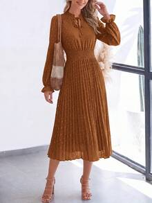 PRETTYGARDEN Women's Spring Fall Midi Dress Casual Long Sleeve V Neck Swiss Dot Pleated A Line Flowy Dresses New Years Party Valentine Vacation Dresses For Women - 棕色 - 查看 3