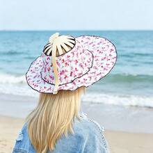Topi Matahari Lipat 2-in-1 dengan Kipas Genggam, Topi Matahari Portabel dengan Tali Pengikat Terintegrasi, Topi Matahari Anyaman Bambu Motif Bunga untuk Wanita - Topi Kipas Lipat 2-in-1 - View 9