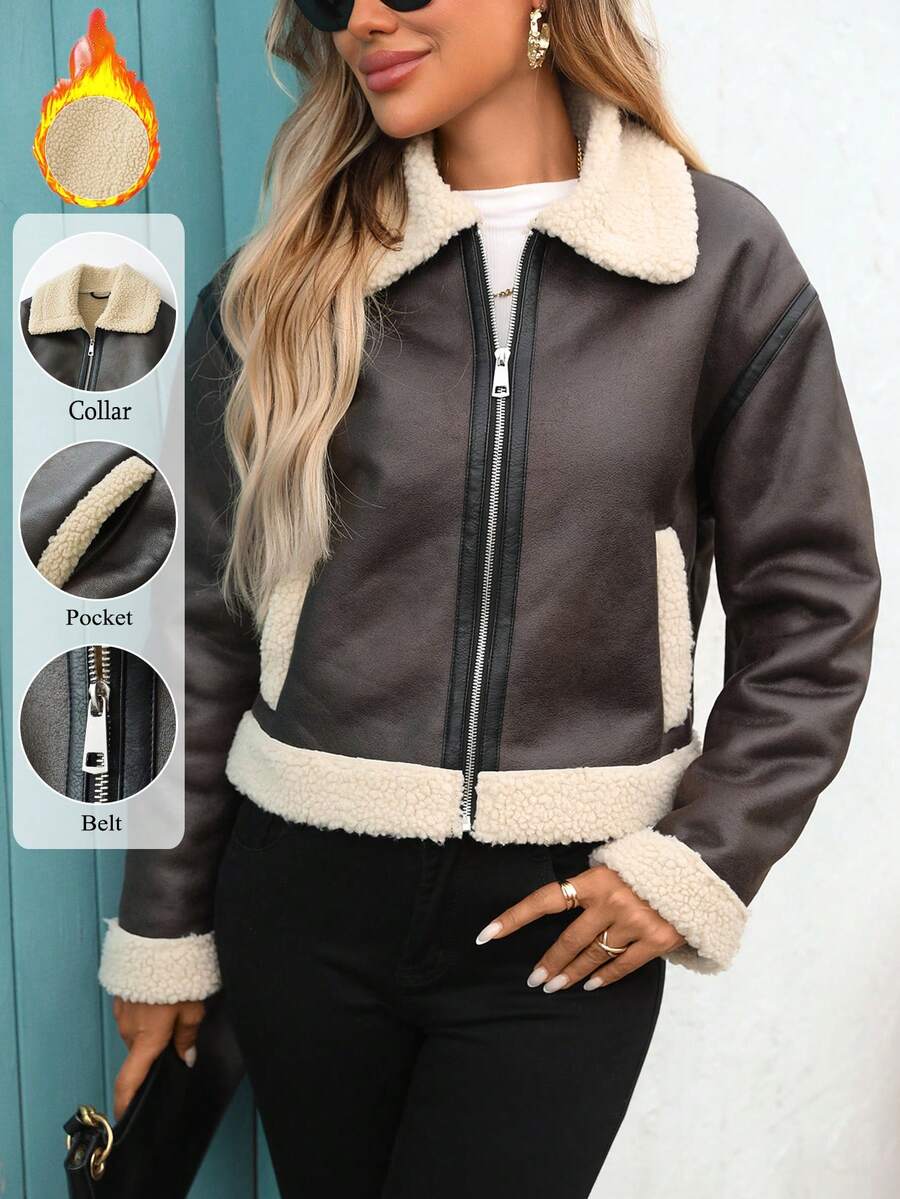 Women's Faux Shearing Fur Winter Coat Warm Faux Leather Jacket Aviator Bomber Outwear