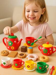 Set Pesta Teh Sore untuk Anak Perempuan, 24 Buah, Set Boneka Pesta Teh untuk Bermain Peran, Set Boneka Dapur Donat dan Kue, Set Teko Makanan Penutup, Hadiah Natal dan Ulang Tahun untuk Anak-Anak - Minum Teh Sore Natal - View 2