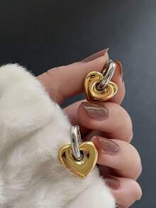 Boucles d'oreilles en forme de cœur bicolores or/argent vintage en acier inoxydable 304 imperméable, matériau hypoallergénique, convient pour le port quotidien des femmes, parfait pour la Saint-Valentin, la Fête des Mères, cadeau pour maman ou comme cadeau - Doré - Voir 1