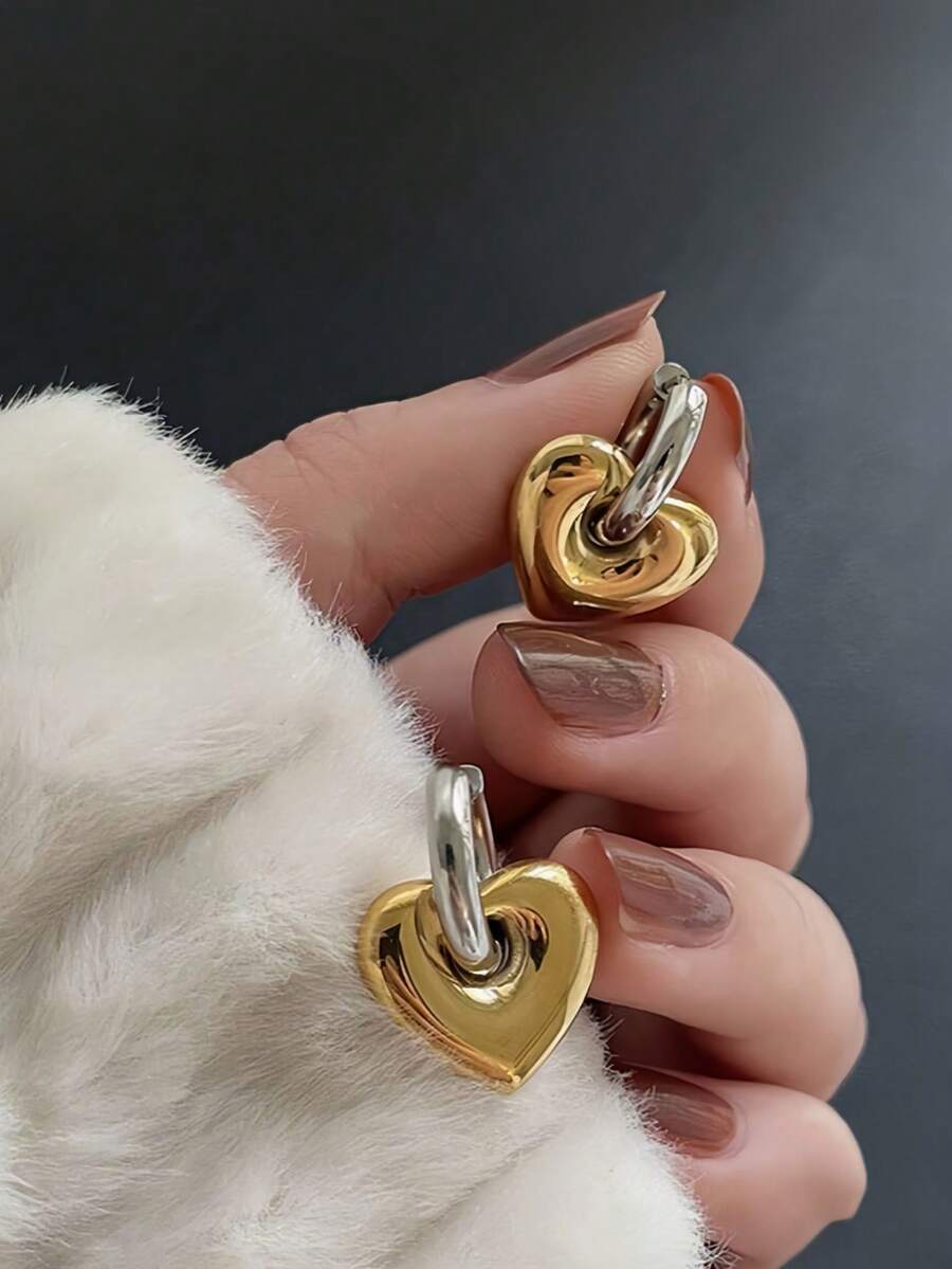 Boucles d'oreilles en forme de cœur bicolores or/argent vintage en acier inoxydable 304 imperméable, matériau hypoallergénique, convient pour le port quotidien des femmes, parfait pour la Saint-Valentin, la Fête des Mères, cadeau pour maman ou comme cadeau - Doré - Voir 1